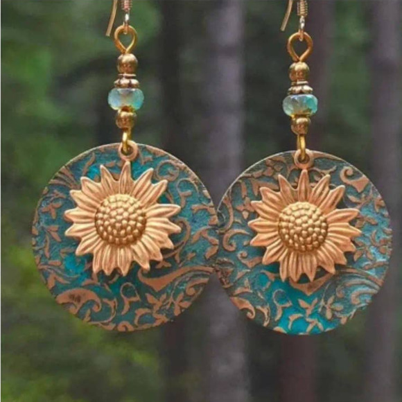 Boho Sunflower Earrings Vintage Engagement Wedding Drop Earrings - Picture 4 of 5